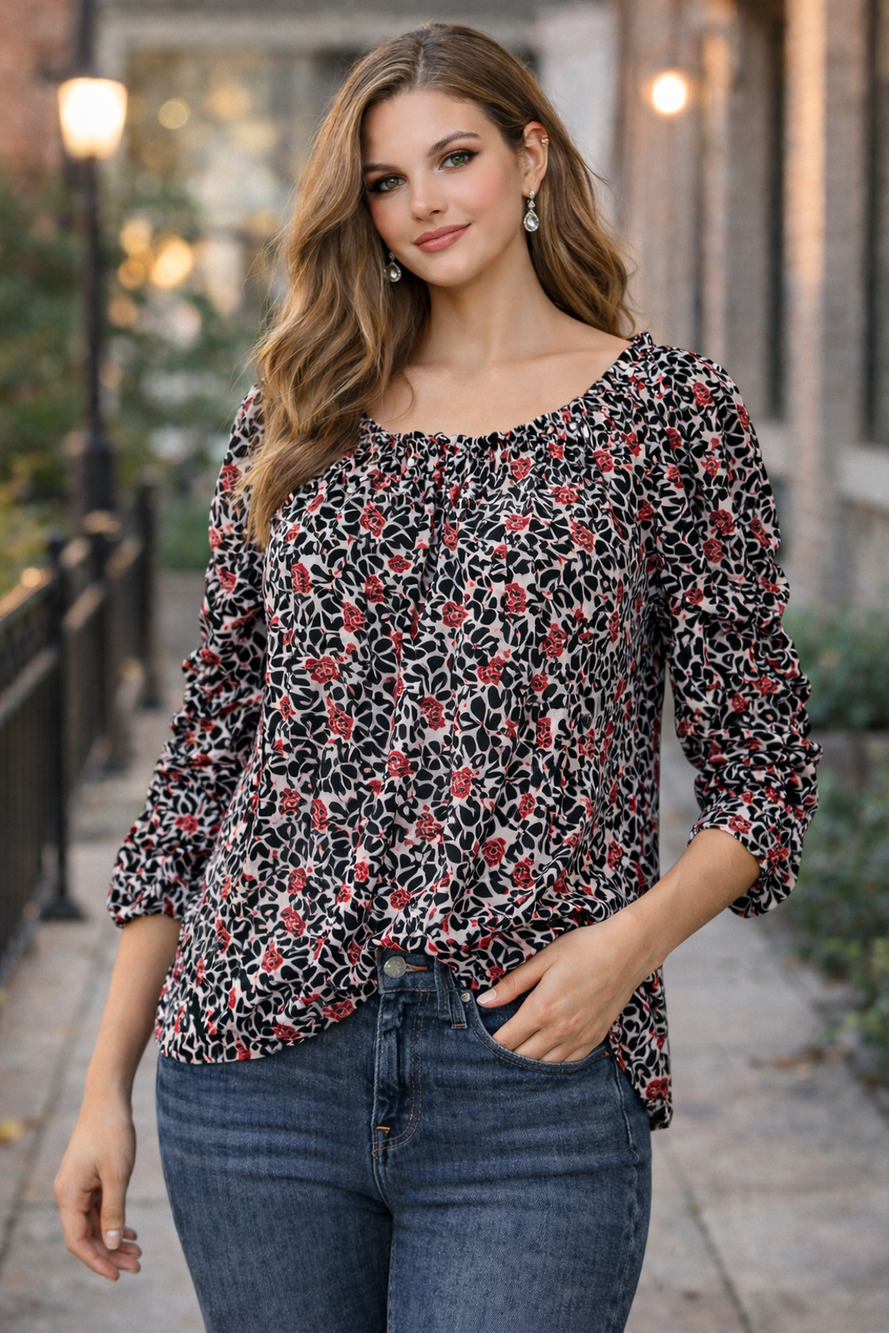 Max Studio Floral Peasant Blouse Womens Small Boho Smocked Cottagecore NWT light